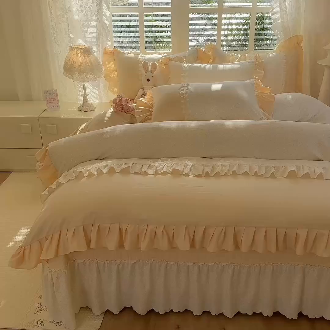 91家纺网 家纺一手货源 找家纺 漫布云家纺 2026春夏新款超柔云朵棉床盖款四件套-花甜梦系列 花甜梦-柠檬黄