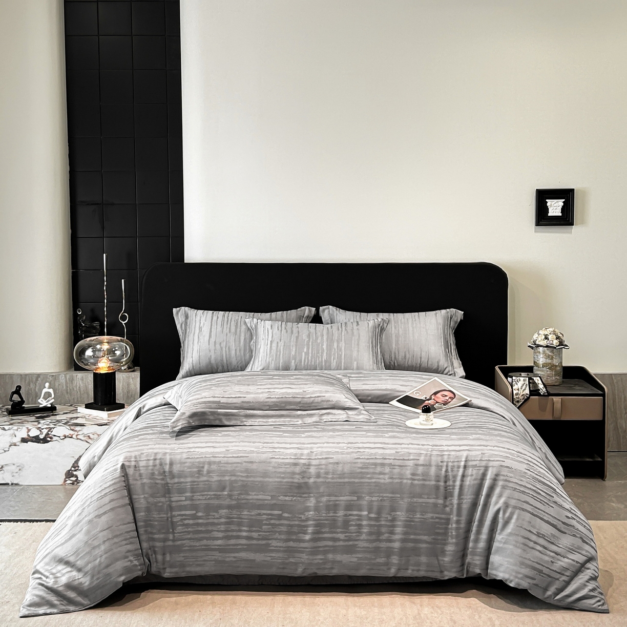 91家纺网 家纺一手货源 找家纺 慕晨 2026新款莱赛尔提花被套四件套高级简奢款天丝4件套直播热款 亚希