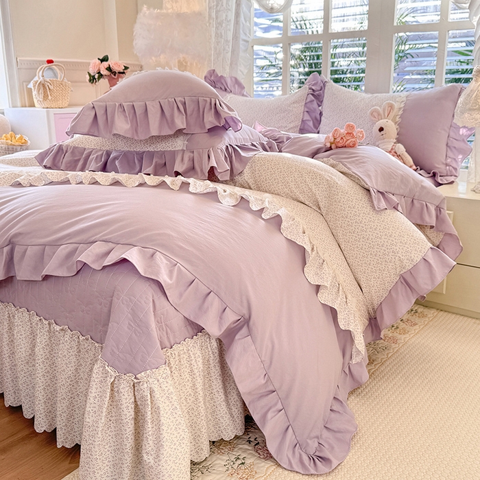 91家纺网 家纺一手货源 找家纺 漫布云家纺 2026春夏新款超柔云朵棉床盖款四件套-花甜梦系列 花甜梦-香芋紫