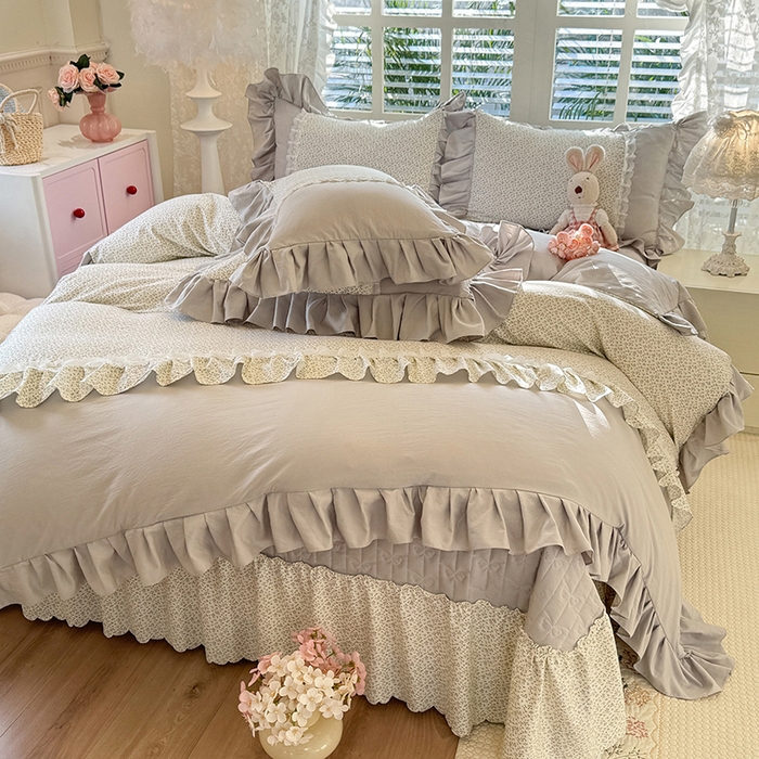 91家纺网 家纺一手货源 找家纺 漫布云家纺 2026春夏新款超柔云朵棉床盖款四件套-花甜梦系列 花甜梦-雅致灰