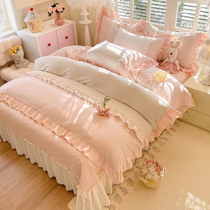 91家纺网 家纺一手货源 找家纺 漫布云家纺 2026春夏新款超柔云朵棉床盖款四件套-花甜梦系列 花甜梦-樱花粉