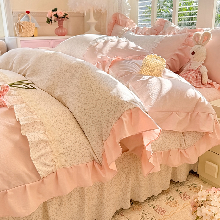 91家纺网 家纺一手货源 找家纺 漫布云家纺 2026春夏新款超柔云朵棉床盖款四件套-花甜梦系列 花甜梦-樱花粉