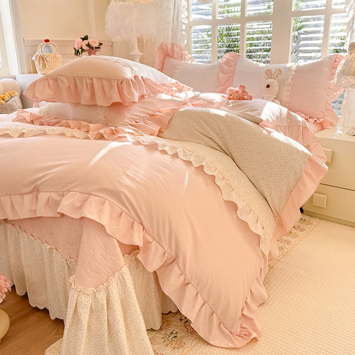 91家纺网 家纺一手货源 找家纺 漫布云家纺 2026春夏新款超柔云朵棉床盖款四件套-花甜梦系列 花甜梦-樱花粉