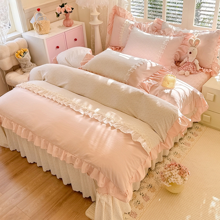 91家纺网 家纺一手货源 找家纺 漫布云家纺 2026春夏新款超柔云朵棉床盖款四件套-花甜梦系列 花甜梦-樱花粉