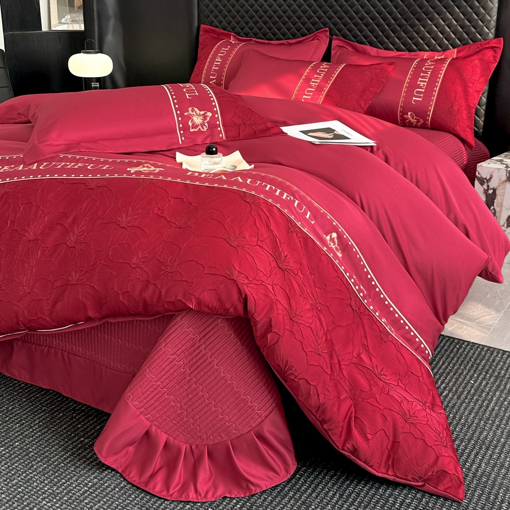 首尔家纺 2026春夏新款水洗真丝金丝浮雕提花绣花床盖款床单款四件套 百合-大红