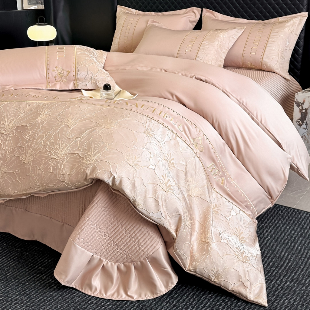 首尔家纺 2026春夏新款水洗真丝金丝浮雕提花绣花床盖款床单款四件套 百合-粉玉