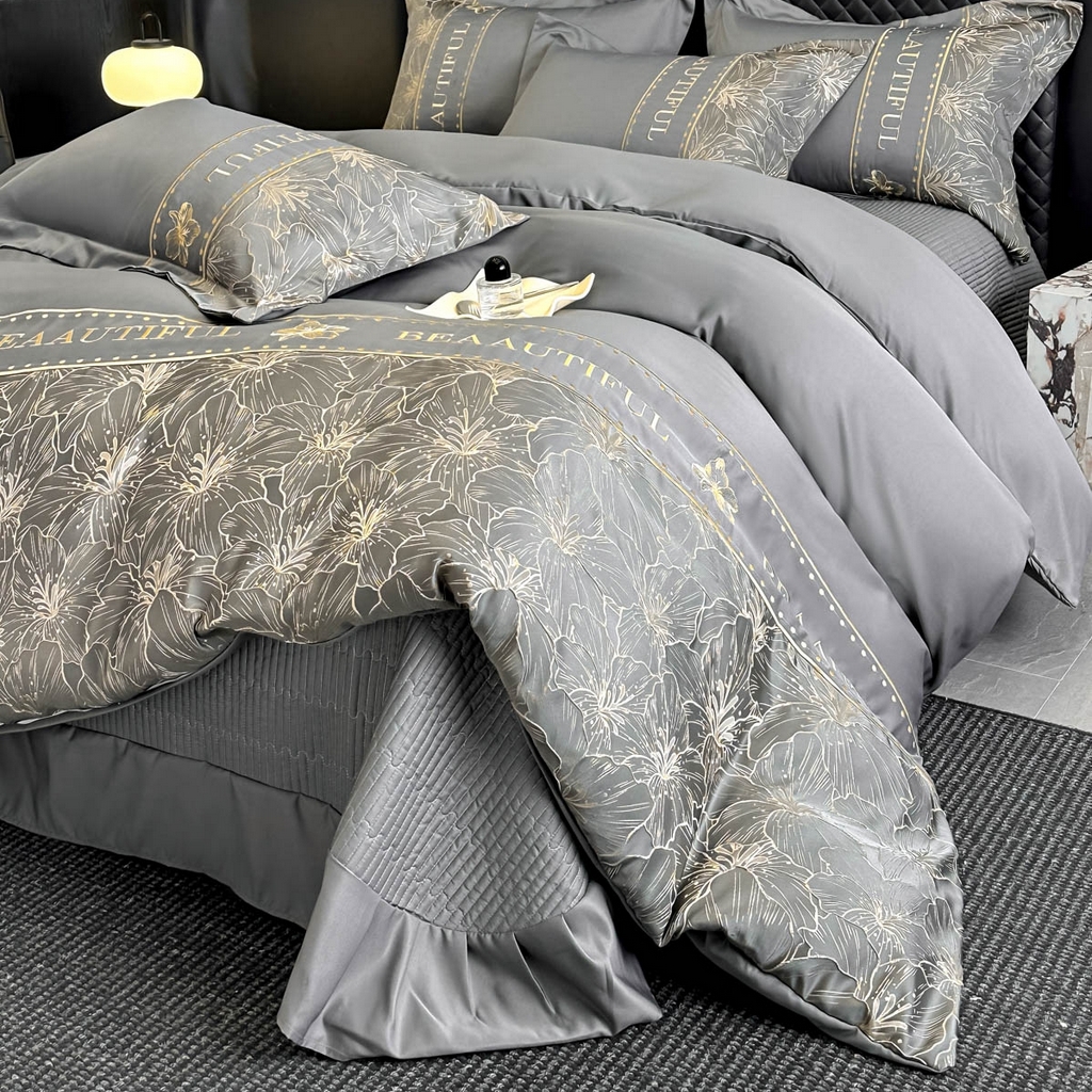 首尔家纺 2026春夏新款水洗真丝金丝浮雕提花绣花床盖款床单款四件套 百合-深灰