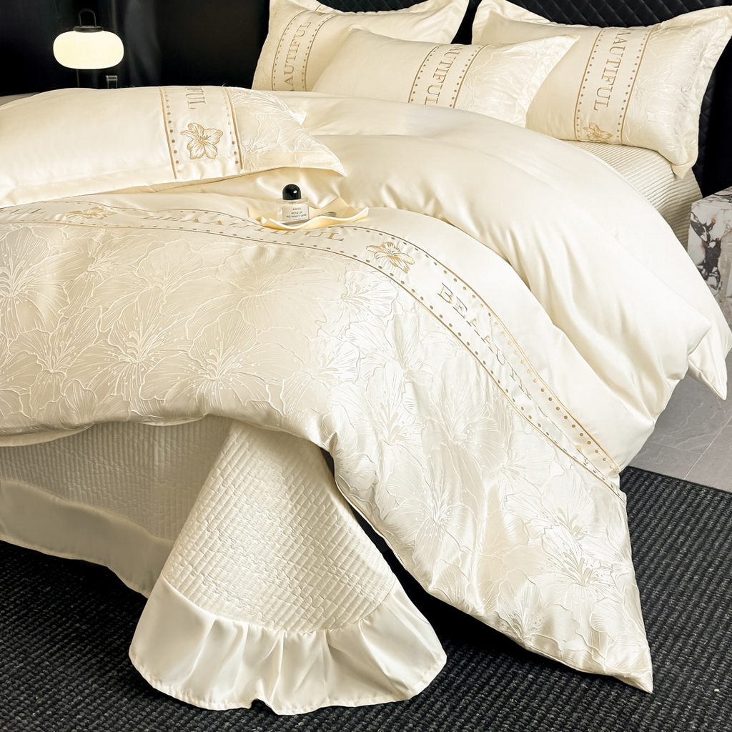首尔家纺 2026春夏新款水洗真丝金丝浮雕提花绣花床盖款床单款四件套 百合-米白