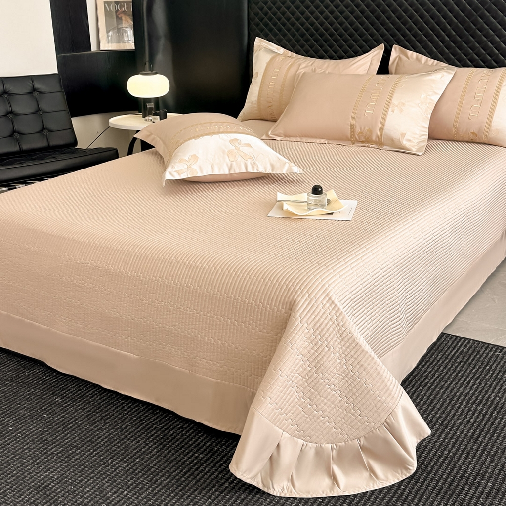 91家纺网 家纺一手货源 找家纺 首尔家纺 2026春夏新款水洗真丝金丝浮雕提花绣花床盖款床单款四件套 蝴蝶结-粉玉