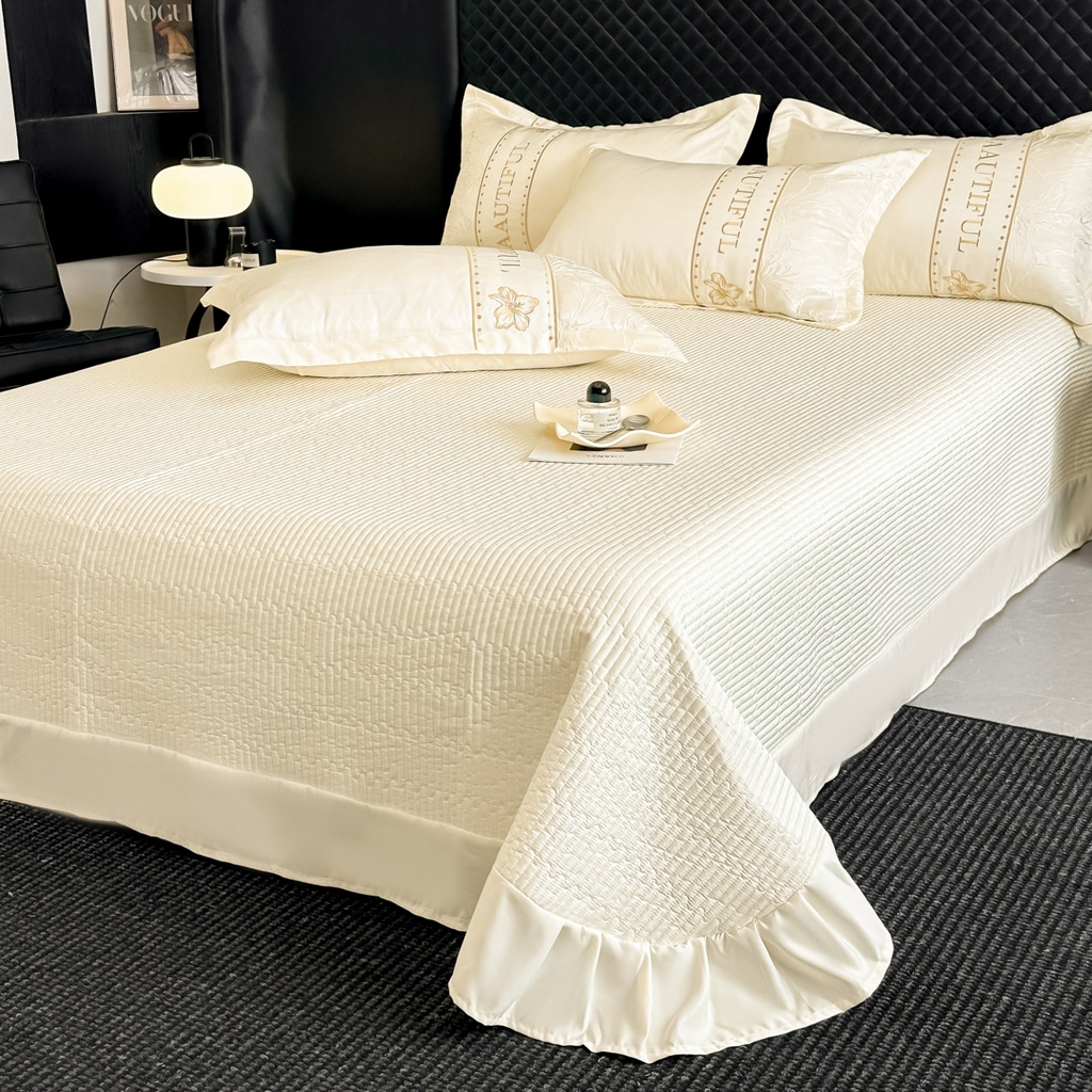 91家纺网 家纺一手货源 找家纺 首尔家纺 2026春夏新款水洗真丝金丝浮雕提花绣花床盖款床单款四件套 百合-米白