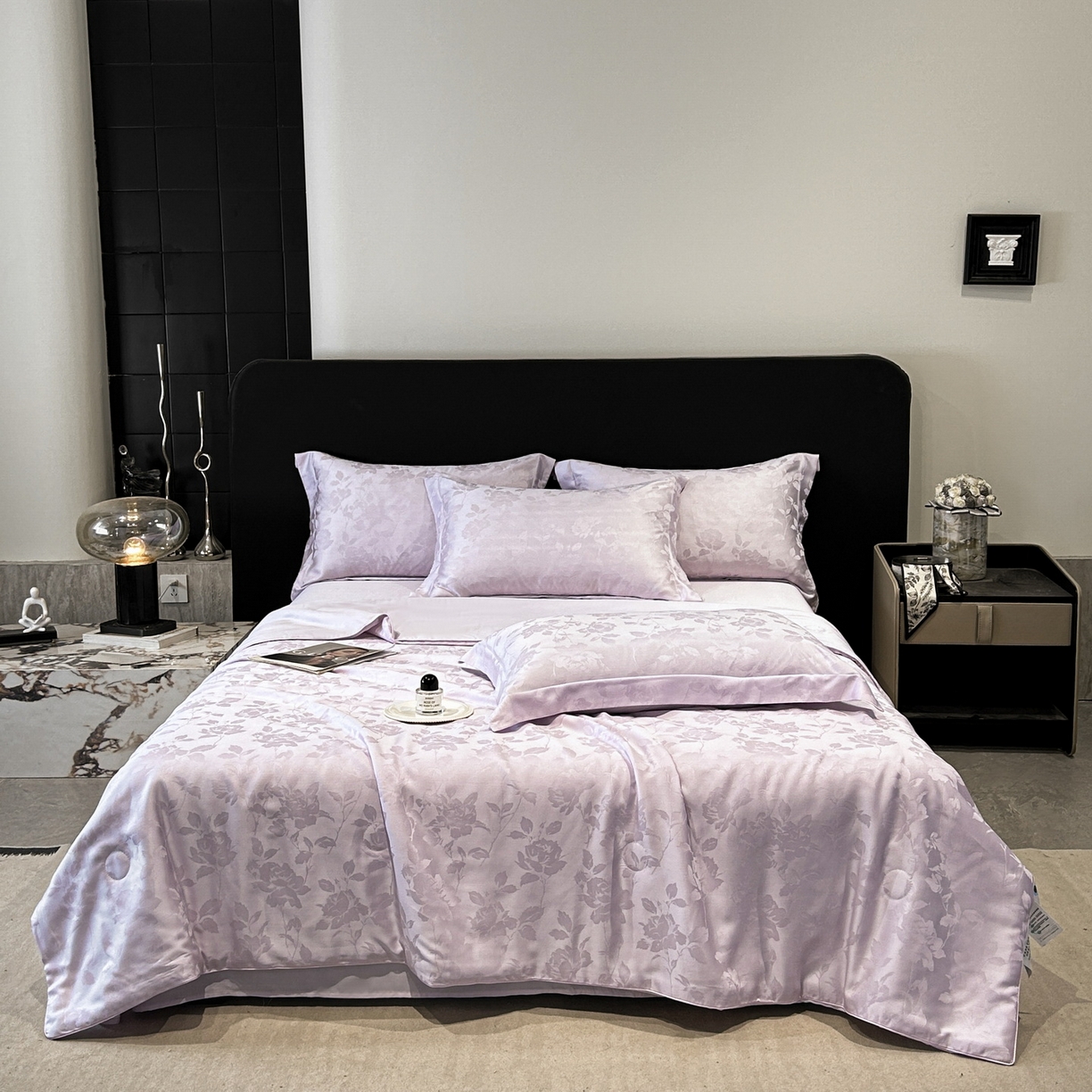 91家纺网 家纺一手货源 找家纺 慕晨 2026新款莱赛尔提花四件套高级简奢款天丝夏被四件套直播热款 洛溪