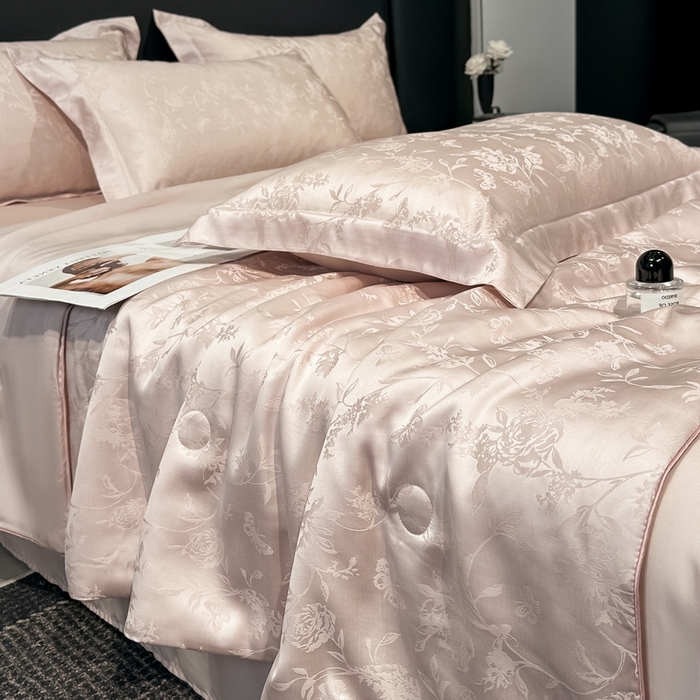 91家纺网 家纺一手货源 找家纺 慕晨 2026新款莱赛尔提花四件套高级简奢款天丝夏被四件套直播热款 艾尔