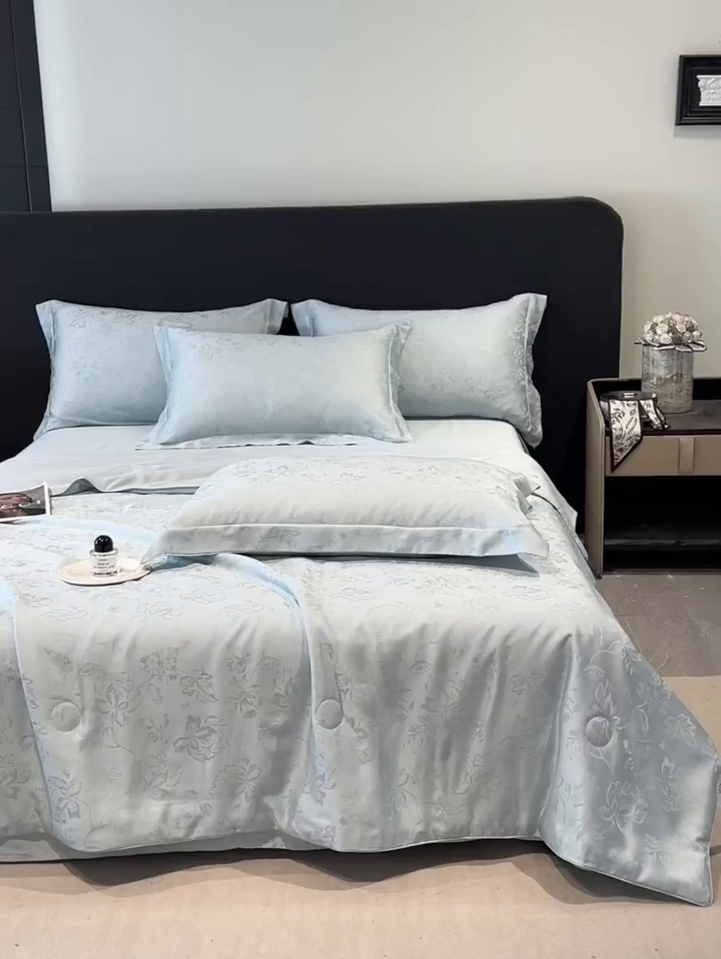 91家纺网 家纺一手货源 找家纺 慕晨 2026新款莱赛尔提花四件套高级简奢款天丝夏被四件套直播热款 花落