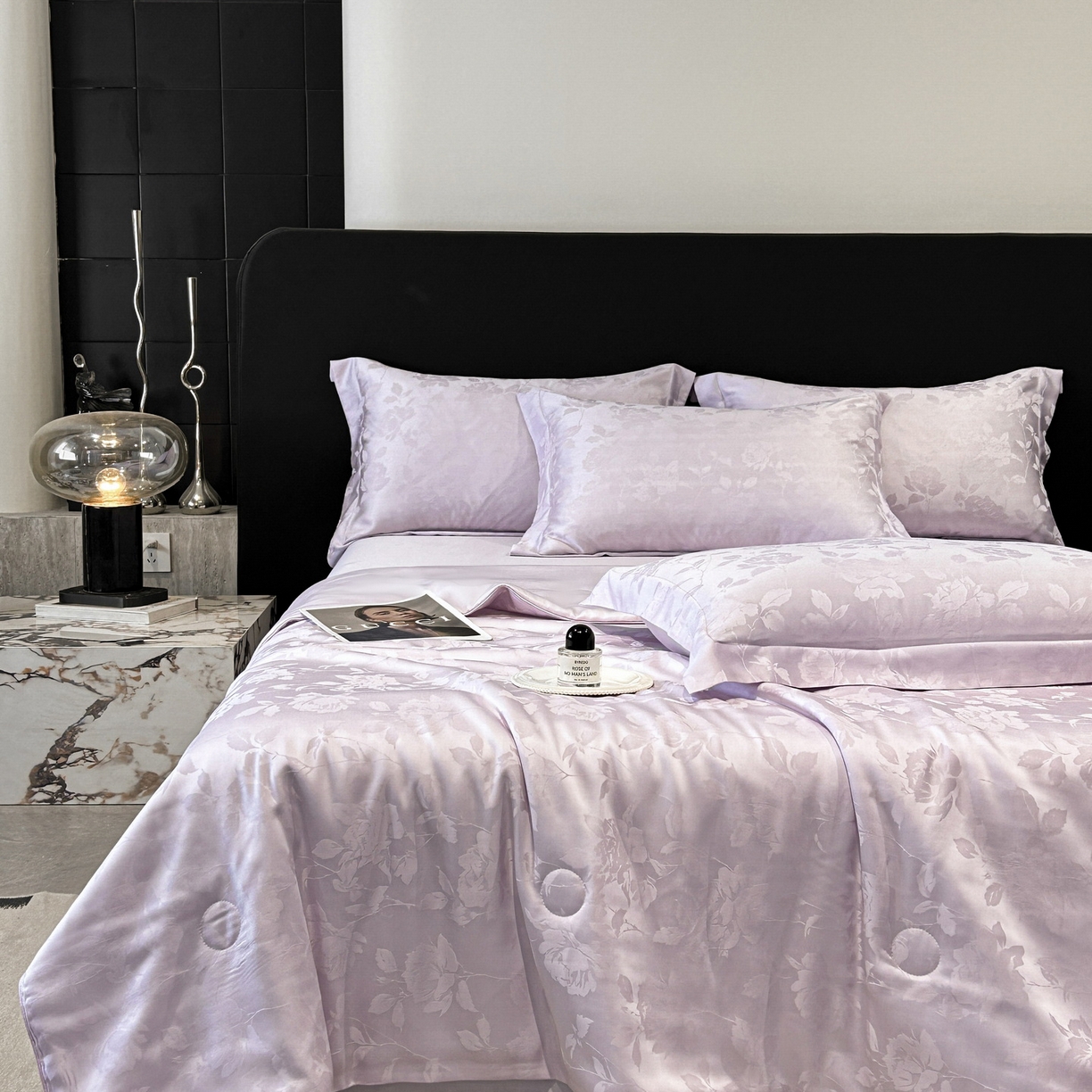 91家纺网 家纺一手货源 找家纺 慕晨 2026新款莱赛尔提花四件套高级简奢款天丝夏被四件套直播热款 洛溪