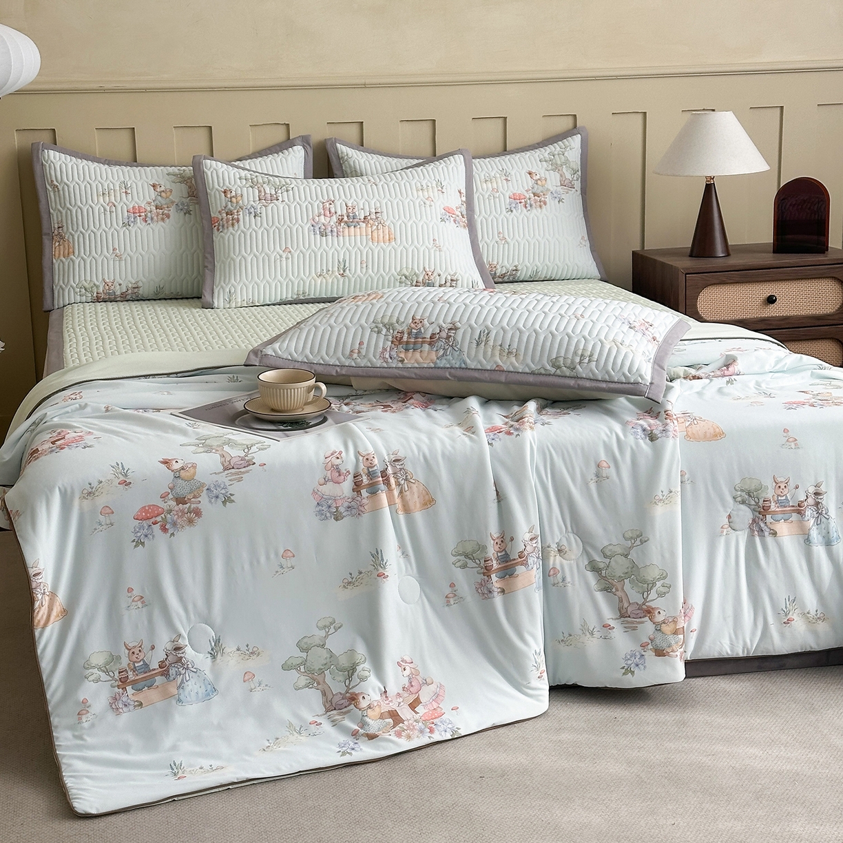 91家纺网 家纺一手货源 找家纺 幸嘉轩 2026新款凉感丝夏被床盖四件套拼色夏凉被空调被 惬意午后-绿