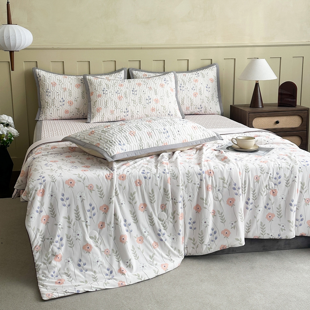 91家纺网 家纺一手货源 找家纺 幸嘉轩 2026新款凉感丝夏被床盖四件套拼色夏凉被空调被 花蔓-玉