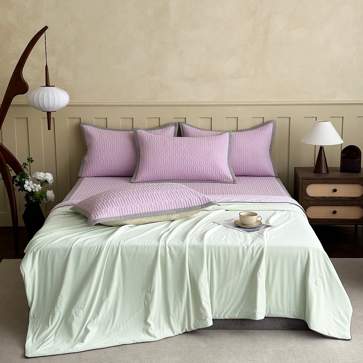 91家纺网 家纺一手货源 找家纺 幸嘉轩 2026新款凉感丝夏被床盖四件套拼色夏凉被空调被 绿+紫