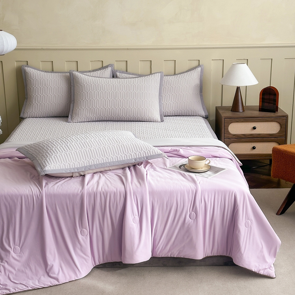 91家纺网 家纺一手货源 找家纺 幸嘉轩 2026新款凉感丝夏被床盖四件套拼色夏凉被空调被 紫+灰