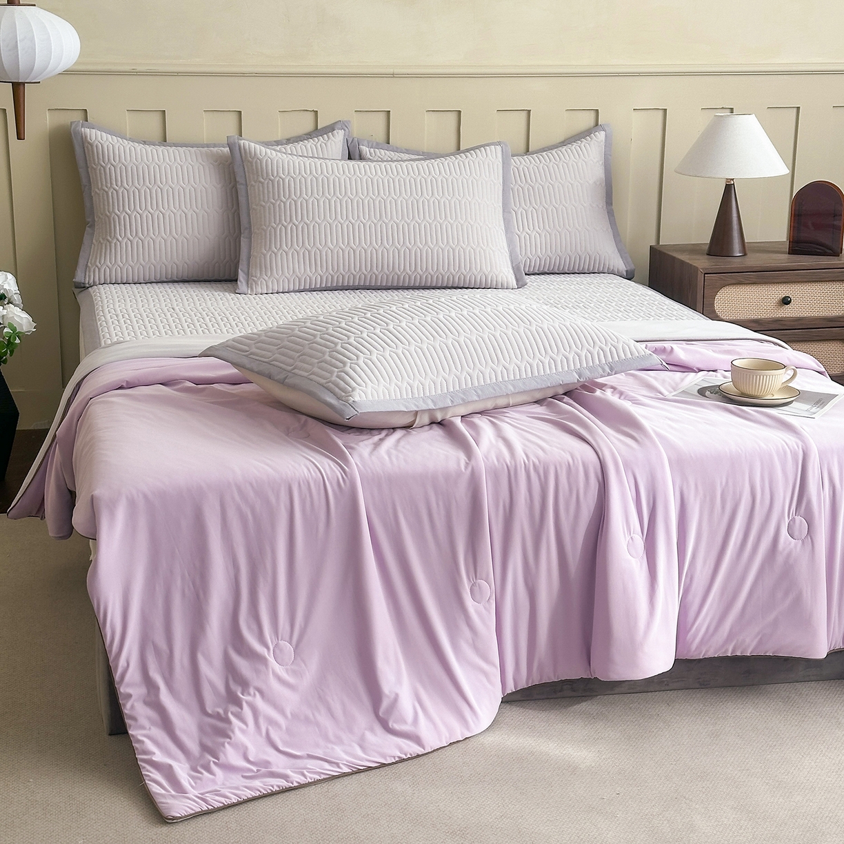 91家纺网 家纺一手货源 找家纺 幸嘉轩 2026新款凉感丝夏被床盖四件套拼色夏凉被空调被 紫+灰