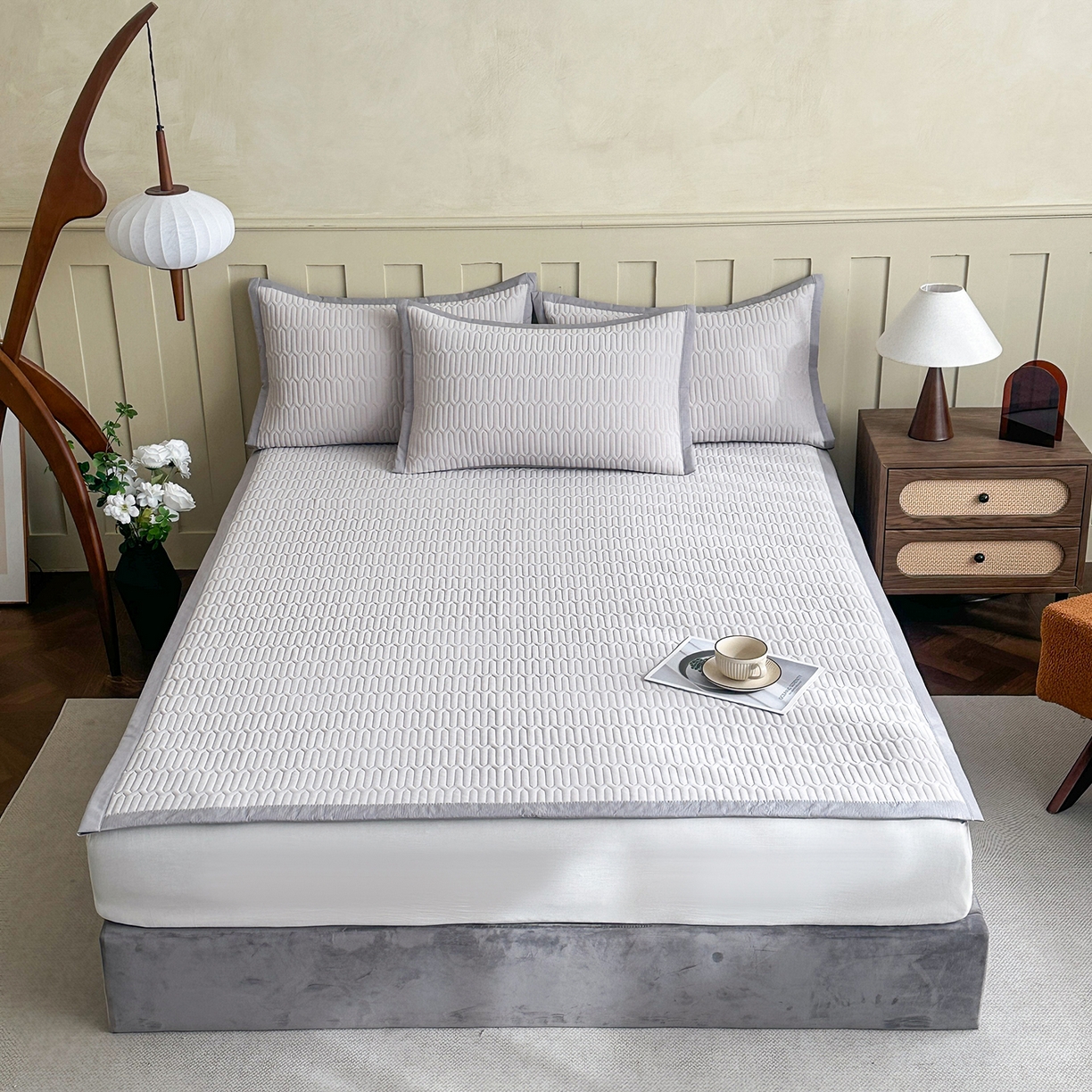 91家纺网 家纺一手货源 找家纺 幸嘉轩 2026新款凉感丝夏被床盖四件套拼色夏凉被空调被 绿+灰