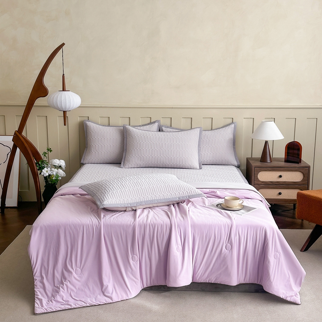 91家纺网 家纺一手货源 找家纺 幸嘉轩 2026新款凉感丝夏被床盖四件套拼色夏凉被空调被 紫+灰