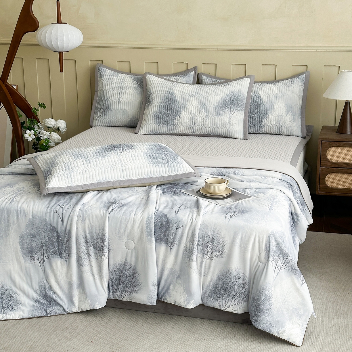 91家纺网 家纺一手货源 找家纺 幸嘉轩 2026新款凉感丝夏被床盖四件套拼色夏凉被空调被 秋日森林-灰