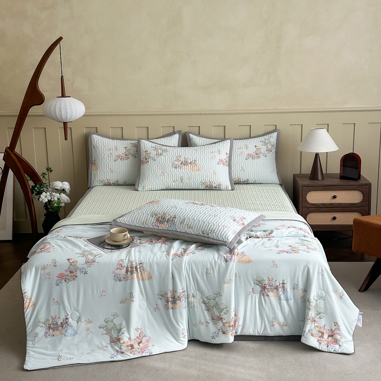 91家纺网 家纺一手货源 找家纺 幸嘉轩 2026新款凉感丝夏被床盖四件套拼色夏凉被空调被 惬意午后-绿