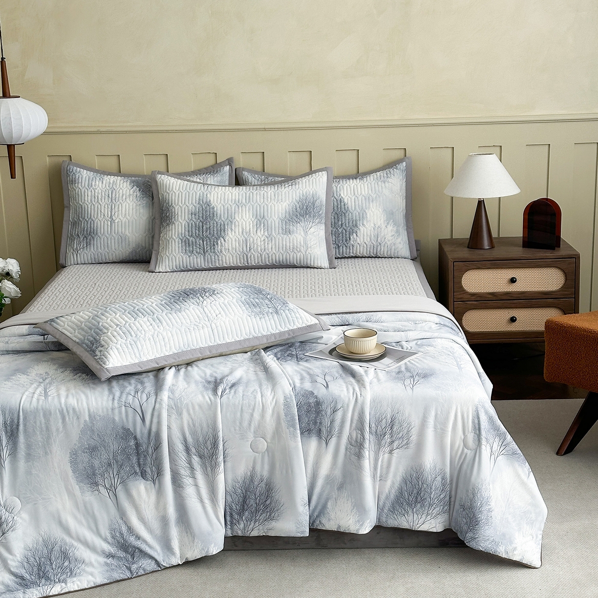 91家纺网 家纺一手货源 找家纺 幸嘉轩 2026新款凉感丝夏被床盖四件套拼色夏凉被空调被 秋日森林-灰