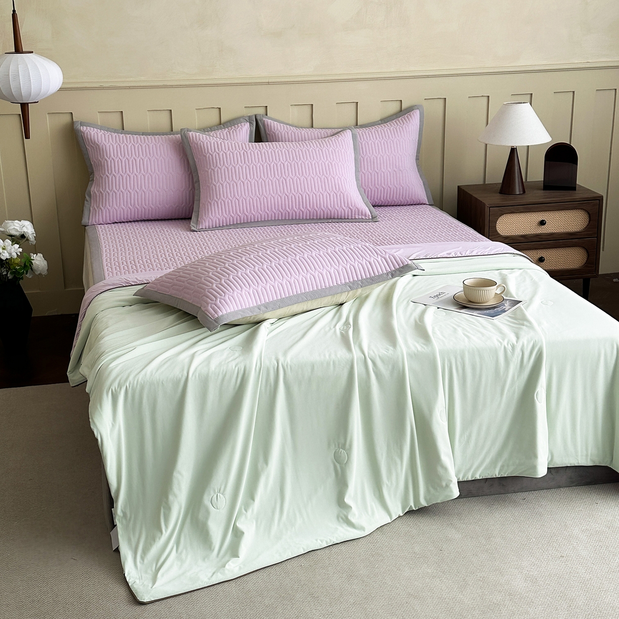 91家纺网 家纺一手货源 找家纺 幸嘉轩 2026新款凉感丝夏被床盖四件套拼色夏凉被空调被 绿+紫