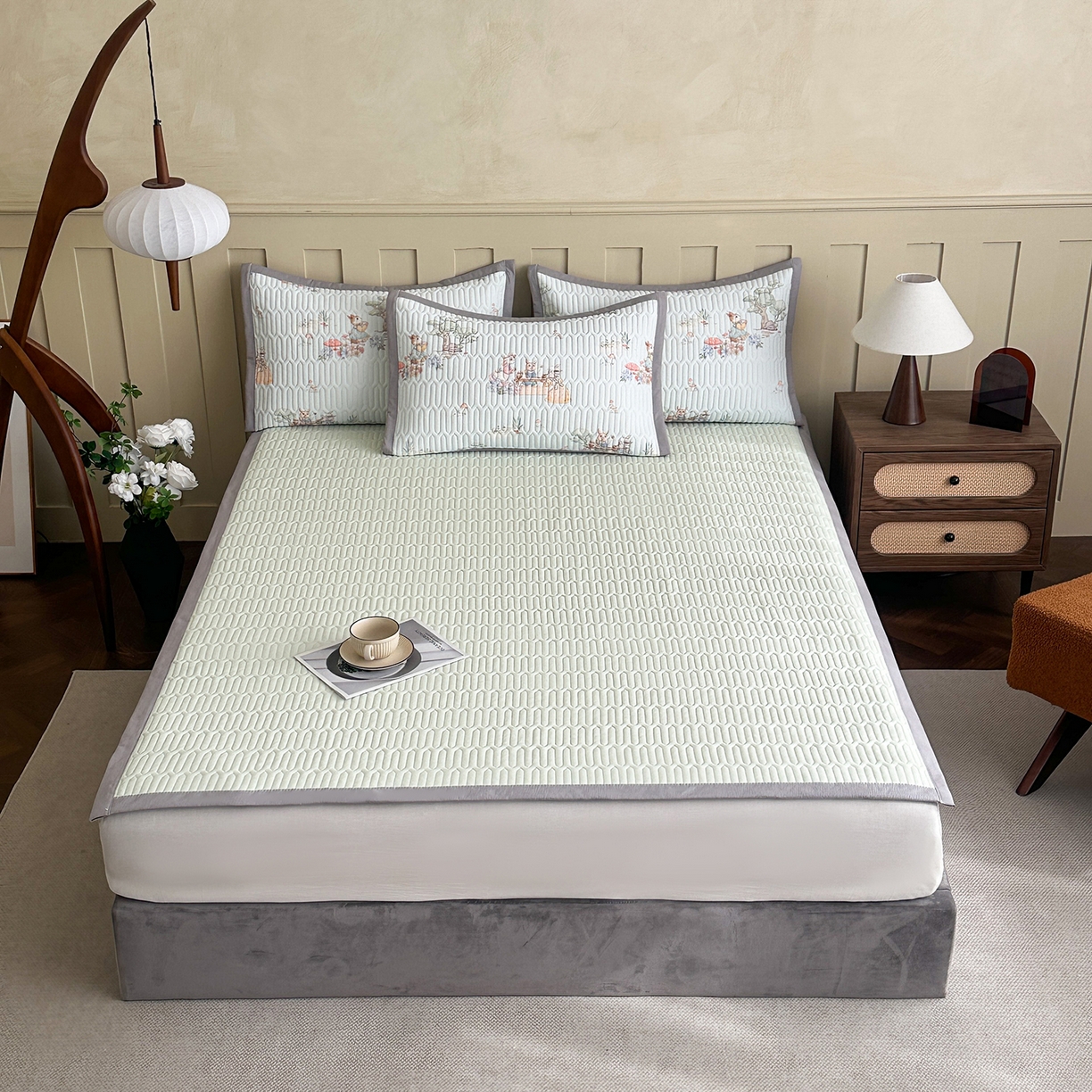 91家纺网 家纺一手货源 找家纺 幸嘉轩 2026新款凉感丝夏被床盖四件套拼色夏凉被空调被 惬意午后-绿