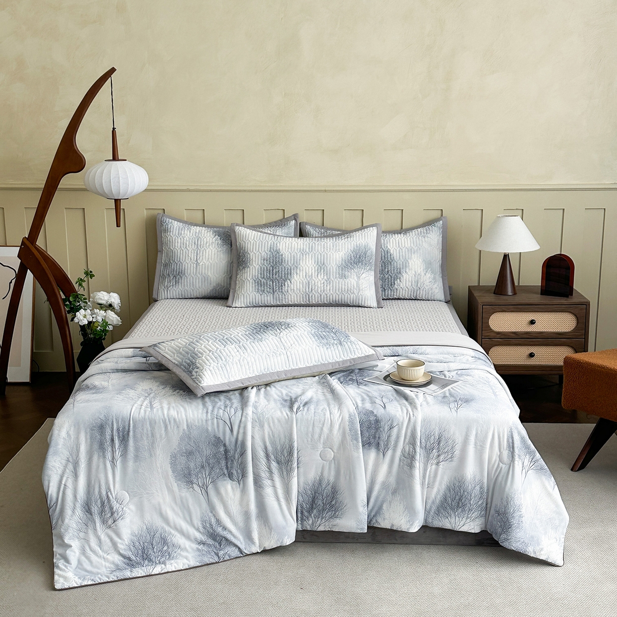 91家纺网 家纺一手货源 找家纺 幸嘉轩 2026新款凉感丝夏被床盖四件套拼色夏凉被空调被 秋日森林-灰