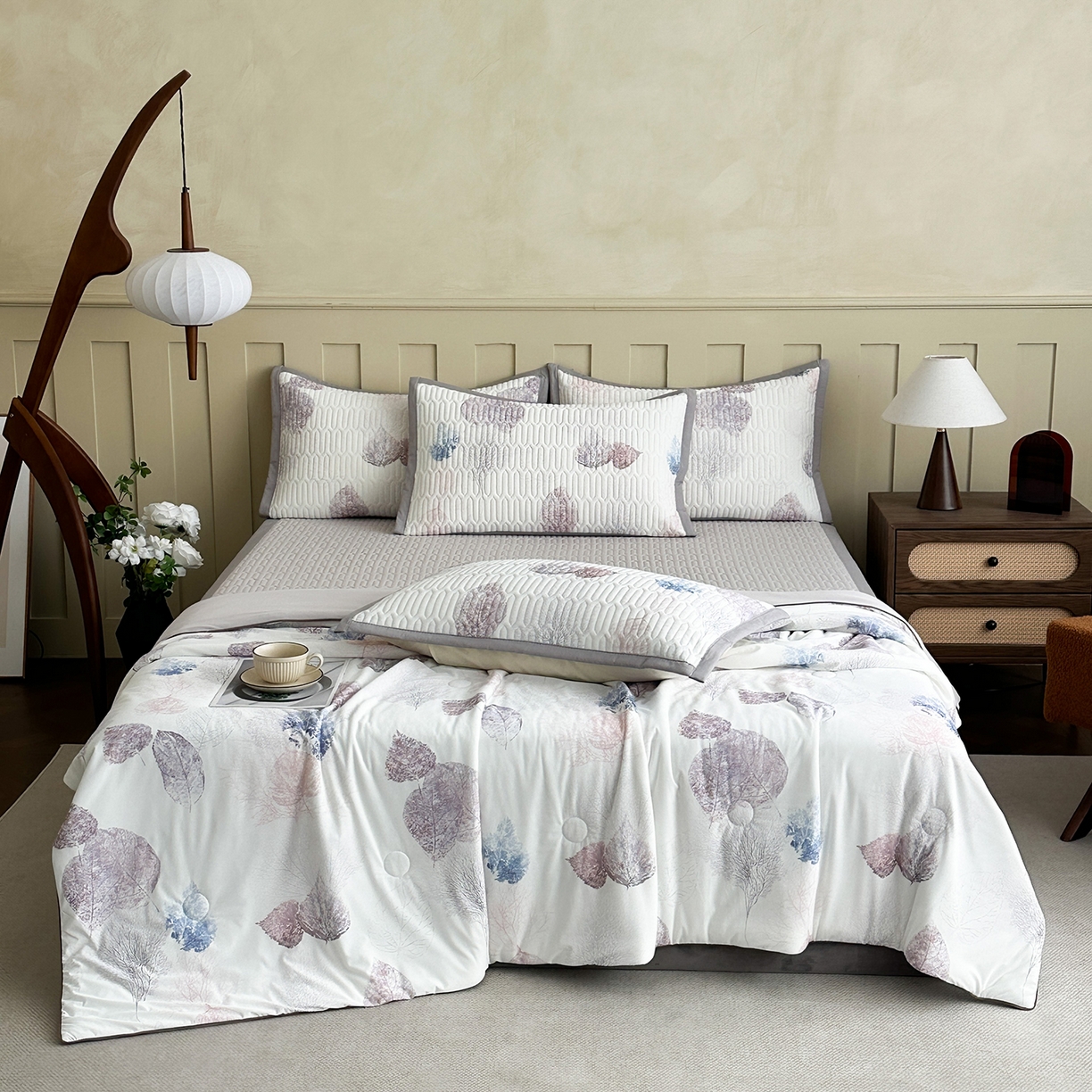 91家纺网 家纺一手货源 找家纺 幸嘉轩 2026新款凉感丝夏被床盖四件套拼色夏凉被空调被 枫叶