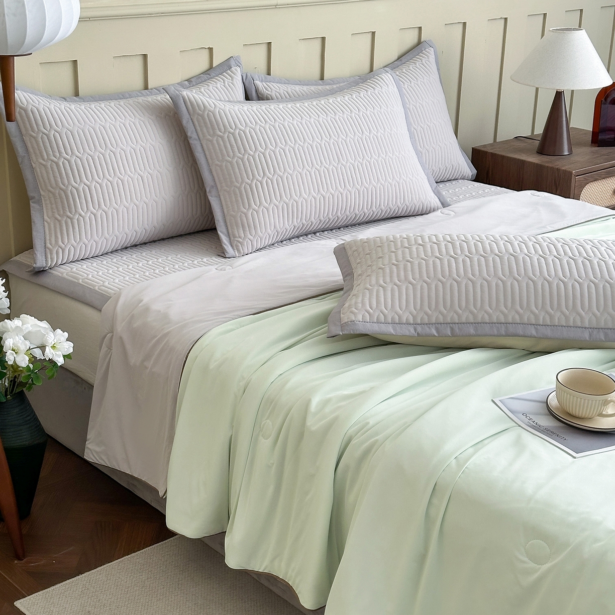 91家纺网 家纺一手货源 找家纺 幸嘉轩 2026新款凉感丝夏被床盖四件套拼色夏凉被空调被 绿+灰