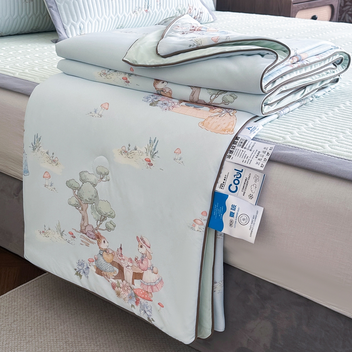 91家纺网 家纺一手货源 找家纺 幸嘉轩 2026新款凉感丝夏被床盖四件套拼色夏凉被空调被 惬意午后-绿