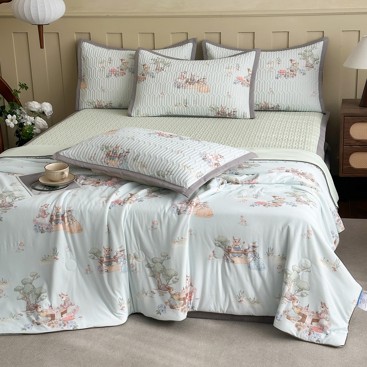 91家纺网 家纺一手货源 找家纺 幸嘉轩 2026新款凉感丝夏被床盖四件套拼色夏凉被空调被 惬意午后-绿