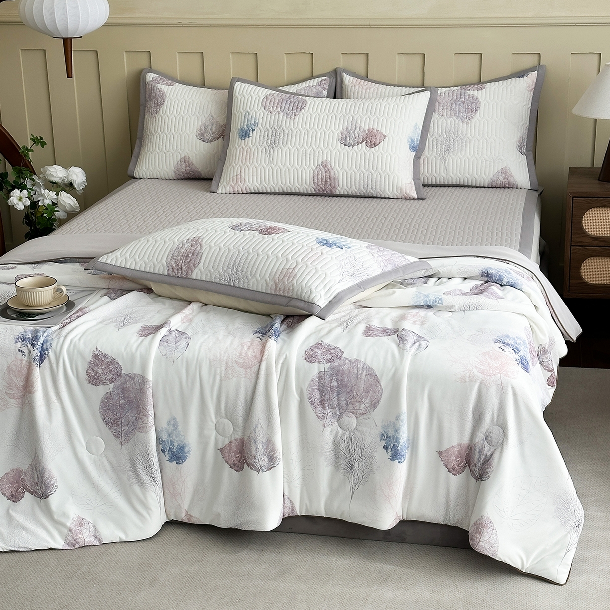 91家纺网 家纺一手货源 找家纺 幸嘉轩 2026新款凉感丝夏被床盖四件套拼色夏凉被空调被 枫叶