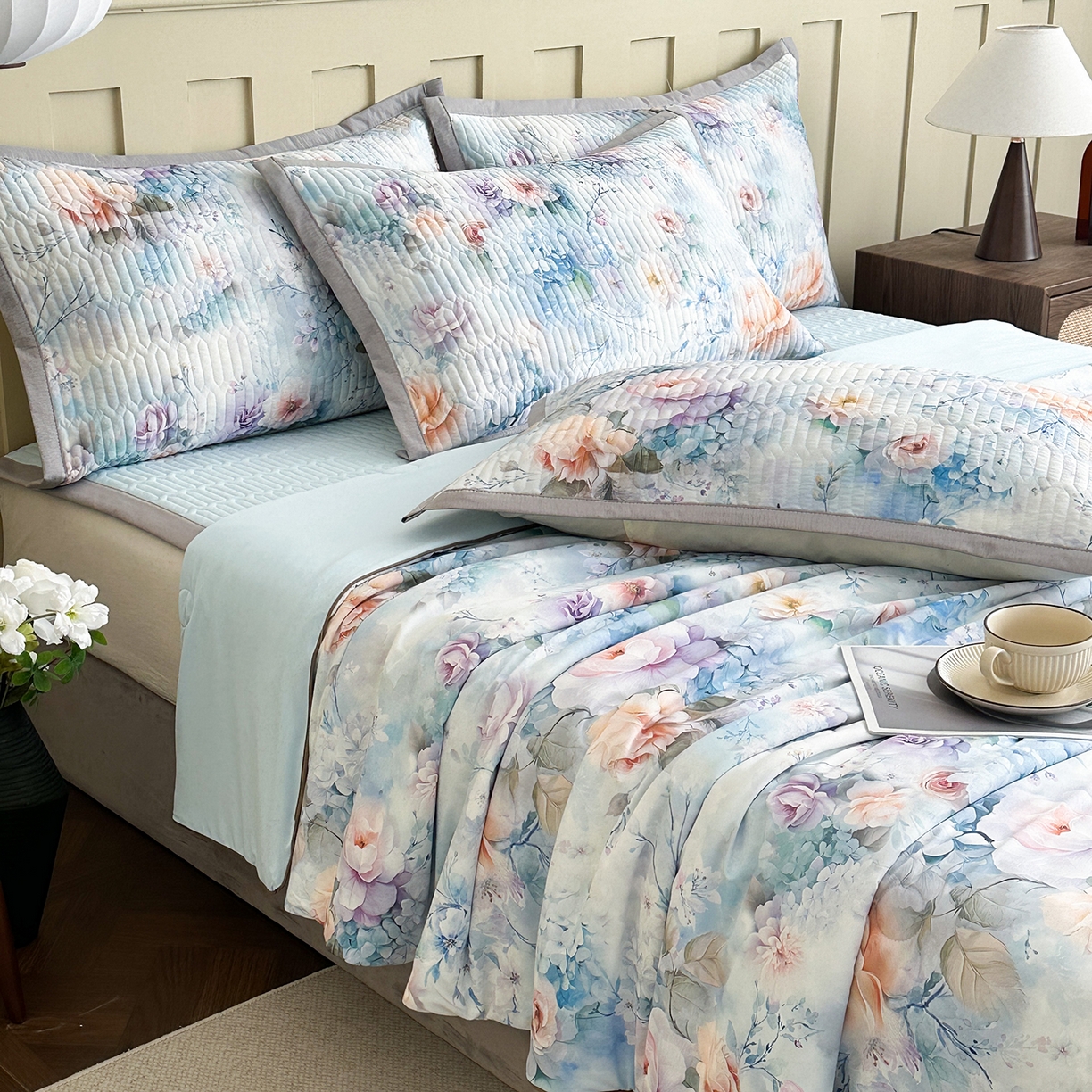 91家纺网 家纺一手货源 找家纺 幸嘉轩 2026新款凉感丝夏被床盖四件套拼色夏凉被空调被 慢时光