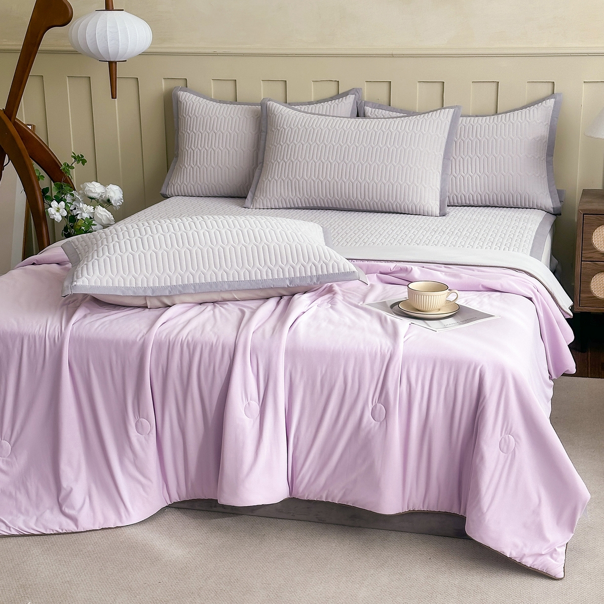 91家纺网 家纺一手货源 找家纺 幸嘉轩 2026新款凉感丝夏被床盖四件套拼色夏凉被空调被 紫+灰