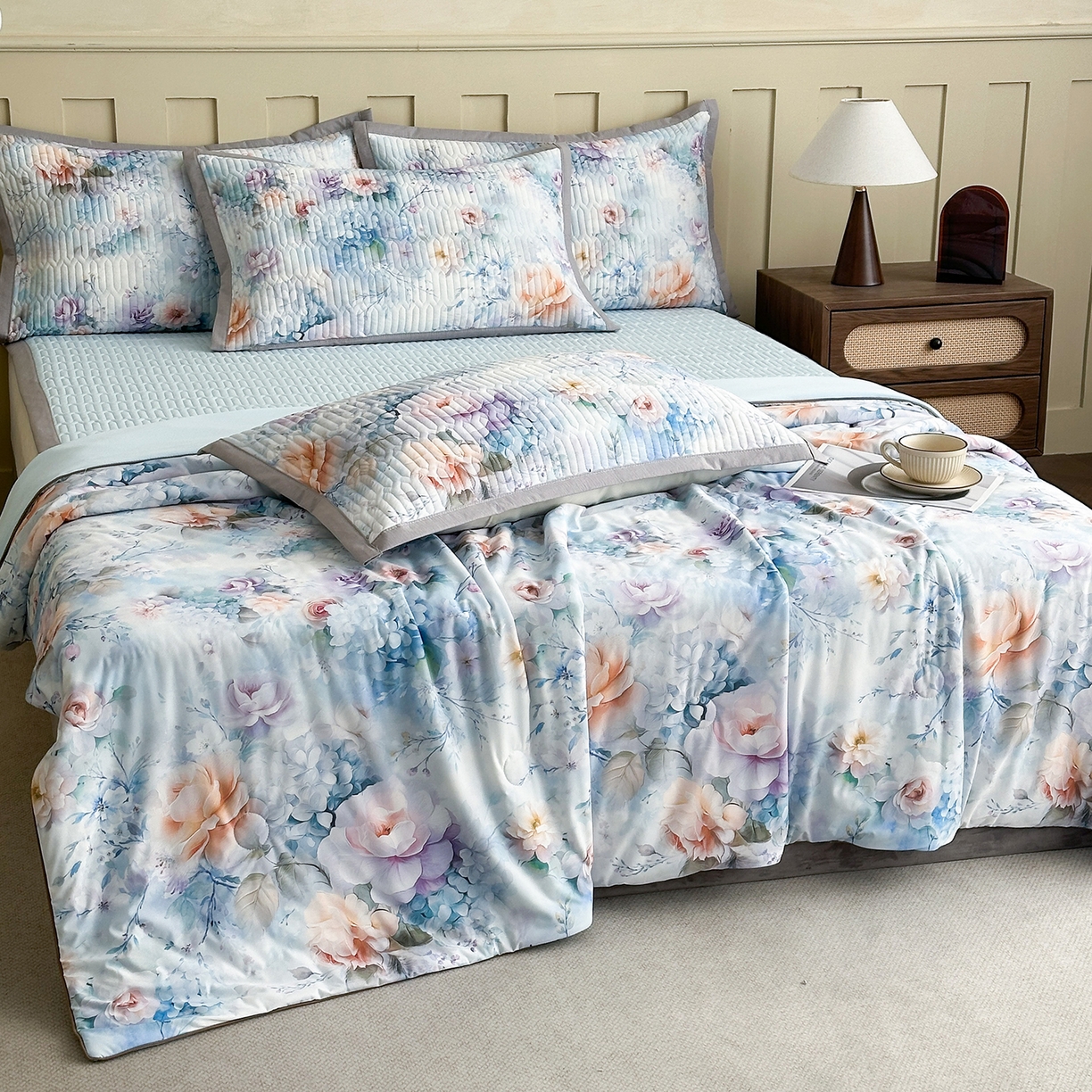 91家纺网 家纺一手货源 找家纺 幸嘉轩 2026新款凉感丝夏被床盖四件套拼色夏凉被空调被 慢时光