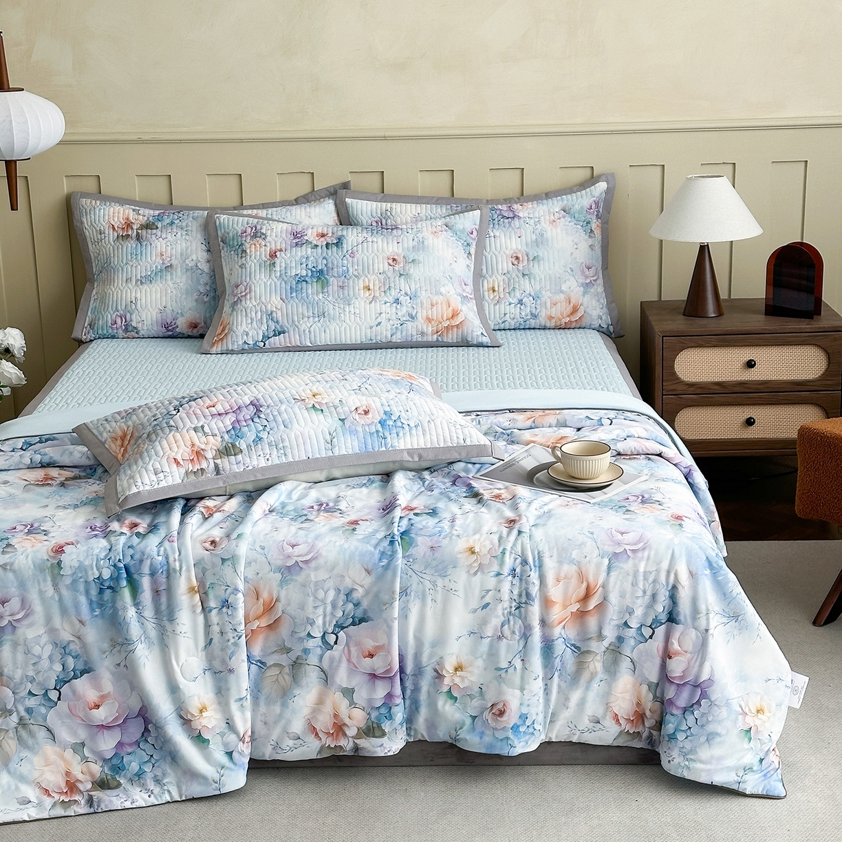 91家纺网 家纺一手货源 找家纺 幸嘉轩 2026新款凉感丝夏被床盖四件套拼色夏凉被空调被 慢时光