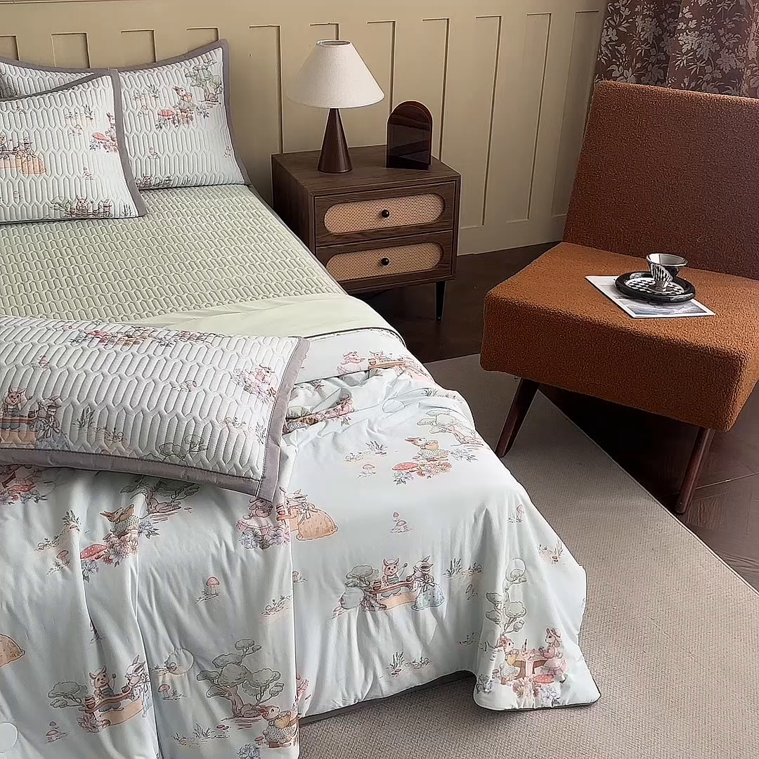 91家纺网 家纺一手货源 找家纺 幸嘉轩 2026新款凉感丝夏被床盖四件套拼色夏凉被空调被 惬意午后-绿