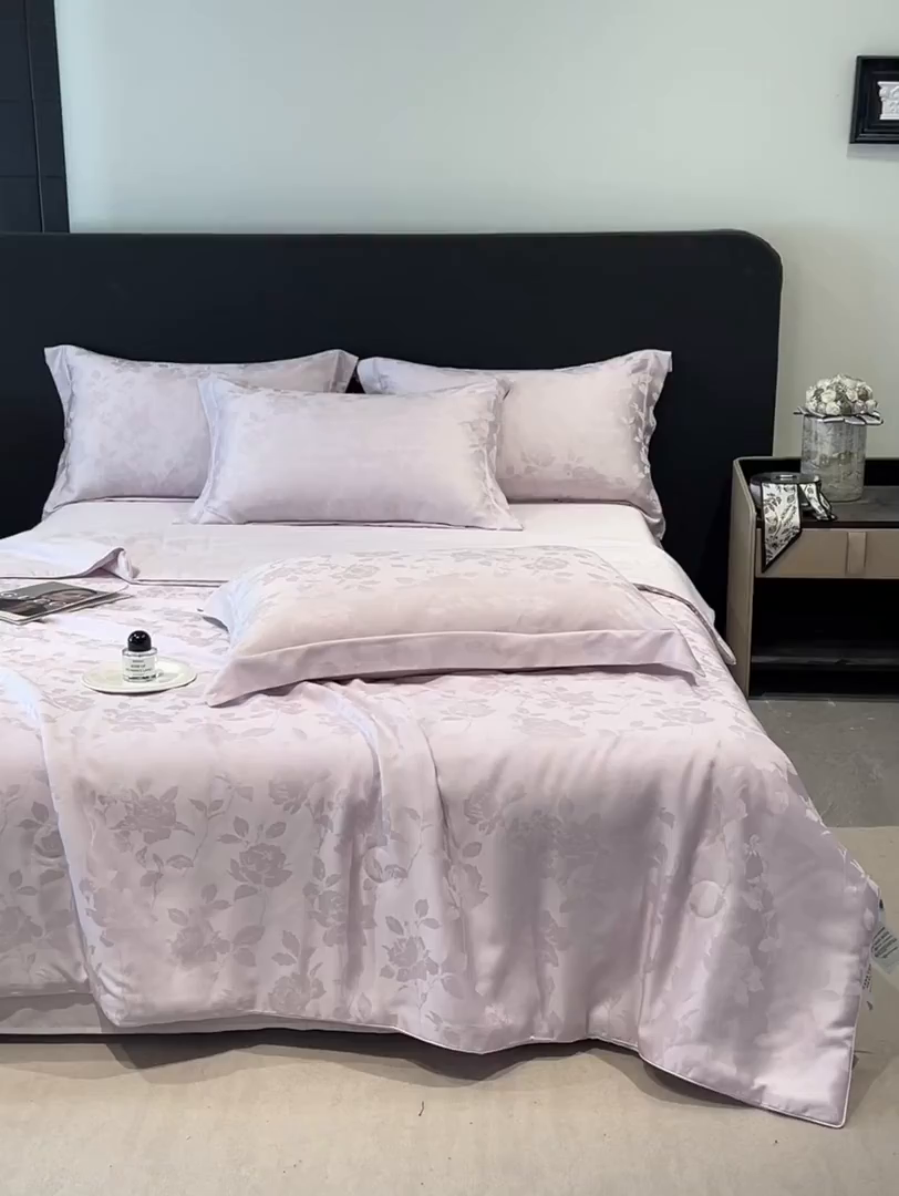 91家纺网 家纺一手货源 找家纺 慕晨 2026新款莱赛尔提花四件套高级简奢款天丝夏被四件套直播热款 洛溪