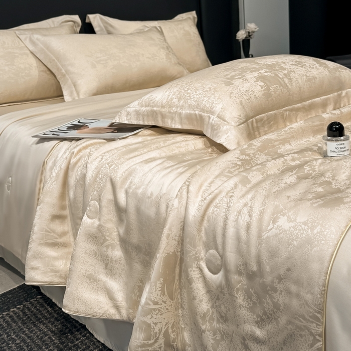 91家纺网 家纺一手货源 找家纺 慕晨 2026新款莱赛尔提花四件套高级简奢款天丝夏被四件套直播热款 佩吉拉