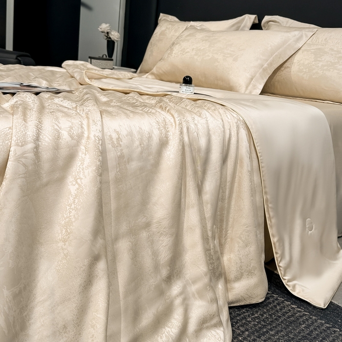 91家纺网 家纺一手货源 找家纺 慕晨 2026新款莱赛尔提花四件套高级简奢款天丝夏被四件套直播热款 佩吉拉