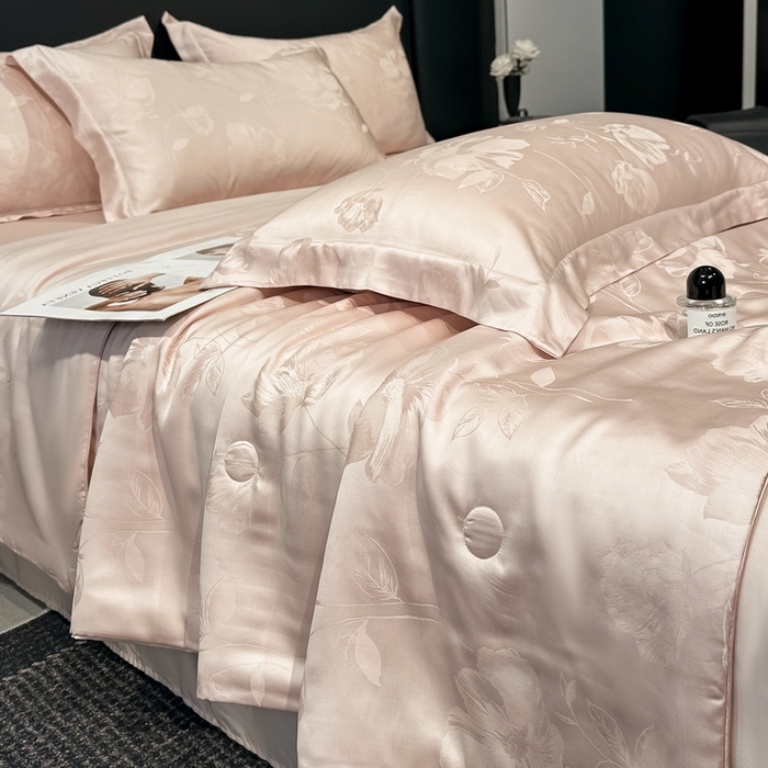 91家纺网 家纺一手货源 找家纺 慕晨 2026新款莱赛尔提花四件套高级简奢款天丝夏被四件套直播热款 亚菲