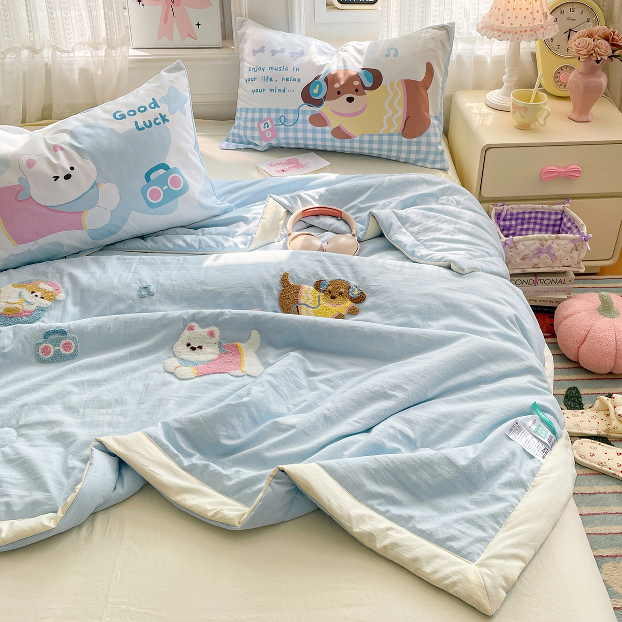 康纳利 2026新款加厚水洗云朵棉大版毛巾绣夏凉被空调被印花卡通夏被四件套 动物趴-蓝