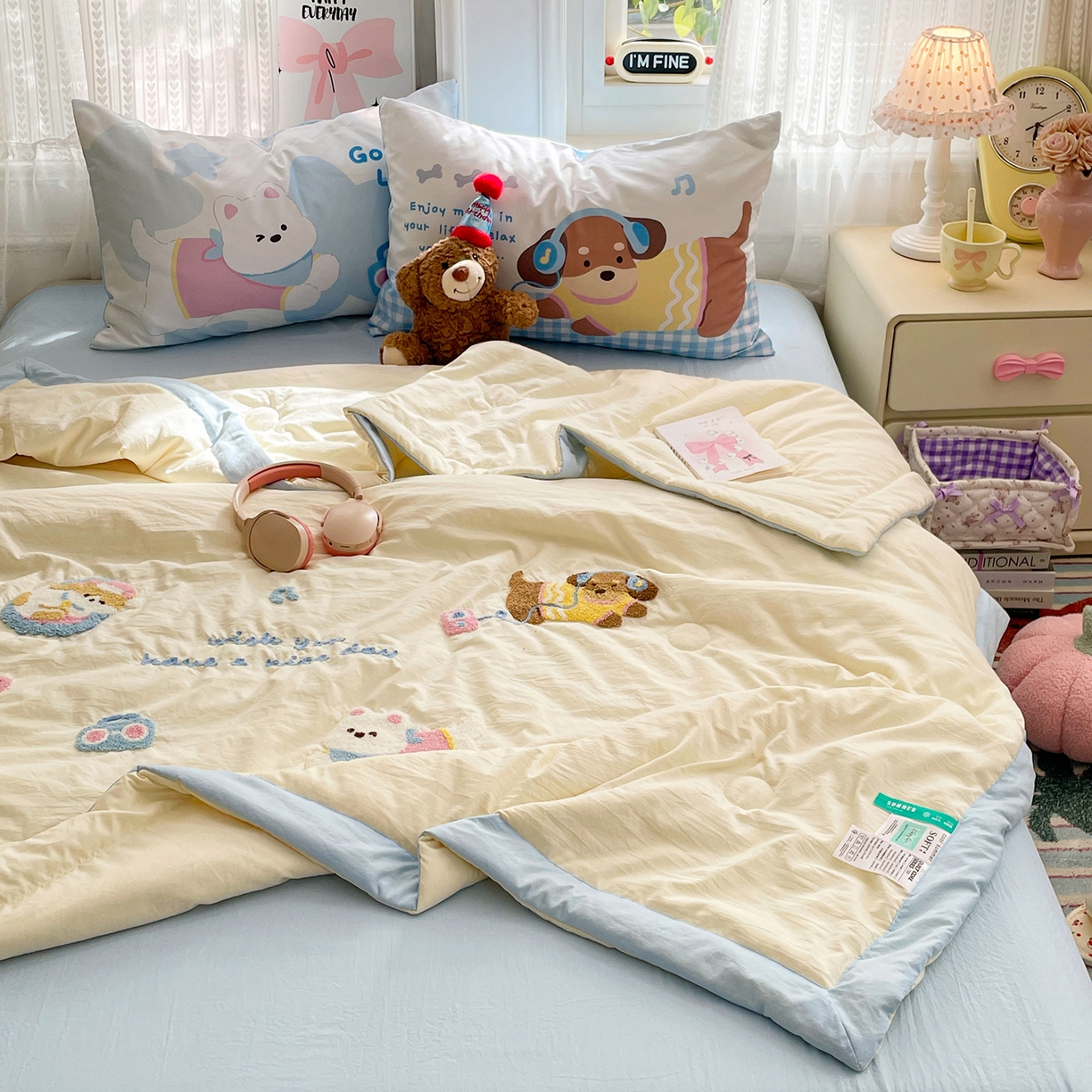 康纳利 2026新款加厚水洗云朵棉大版毛巾绣夏凉被空调被印花卡通夏被四件套 动物趴-奶黄