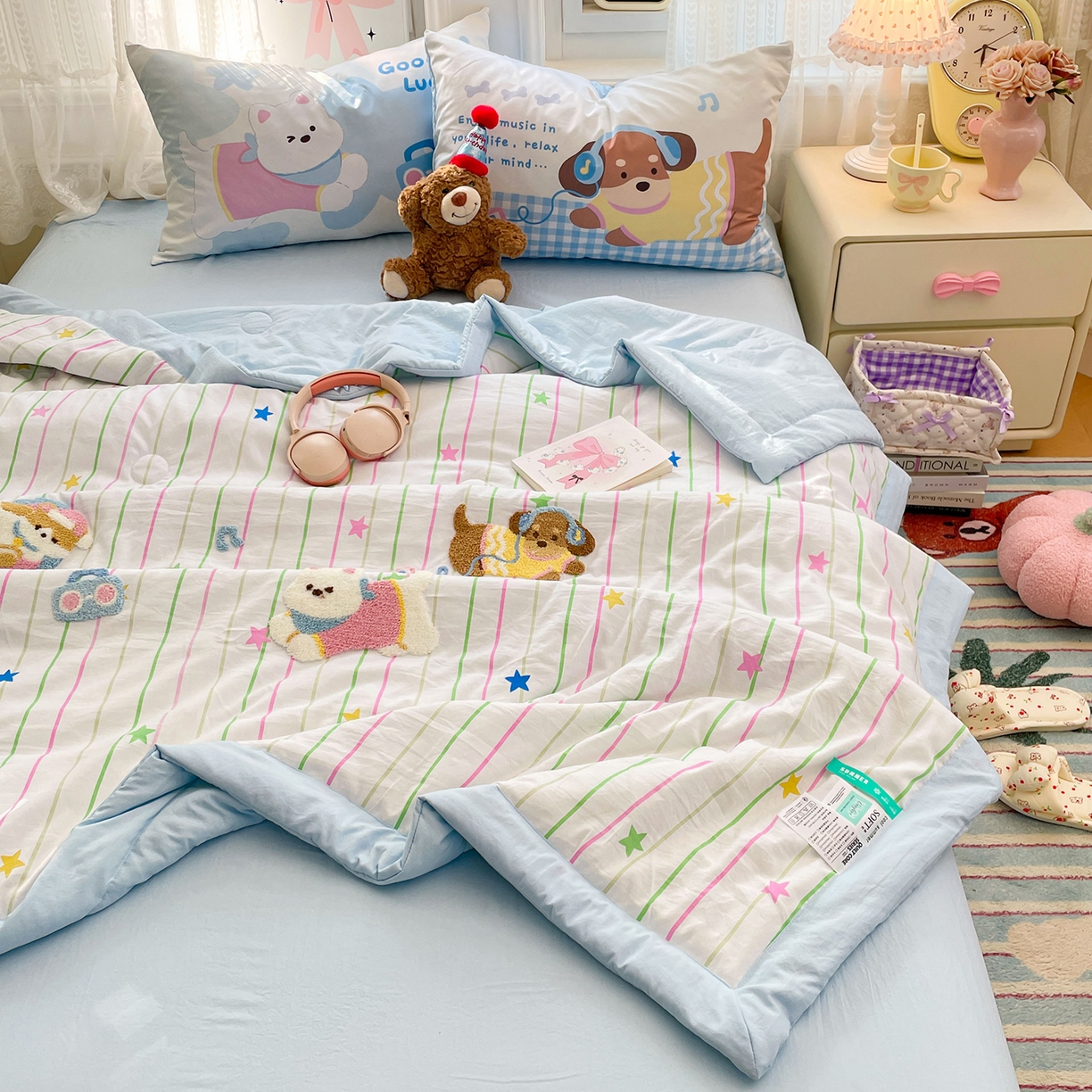 康纳利 2026新款加厚水洗云朵棉大版毛巾绣夏凉被空调被印花卡通夏被四件套 动物趴-条纹