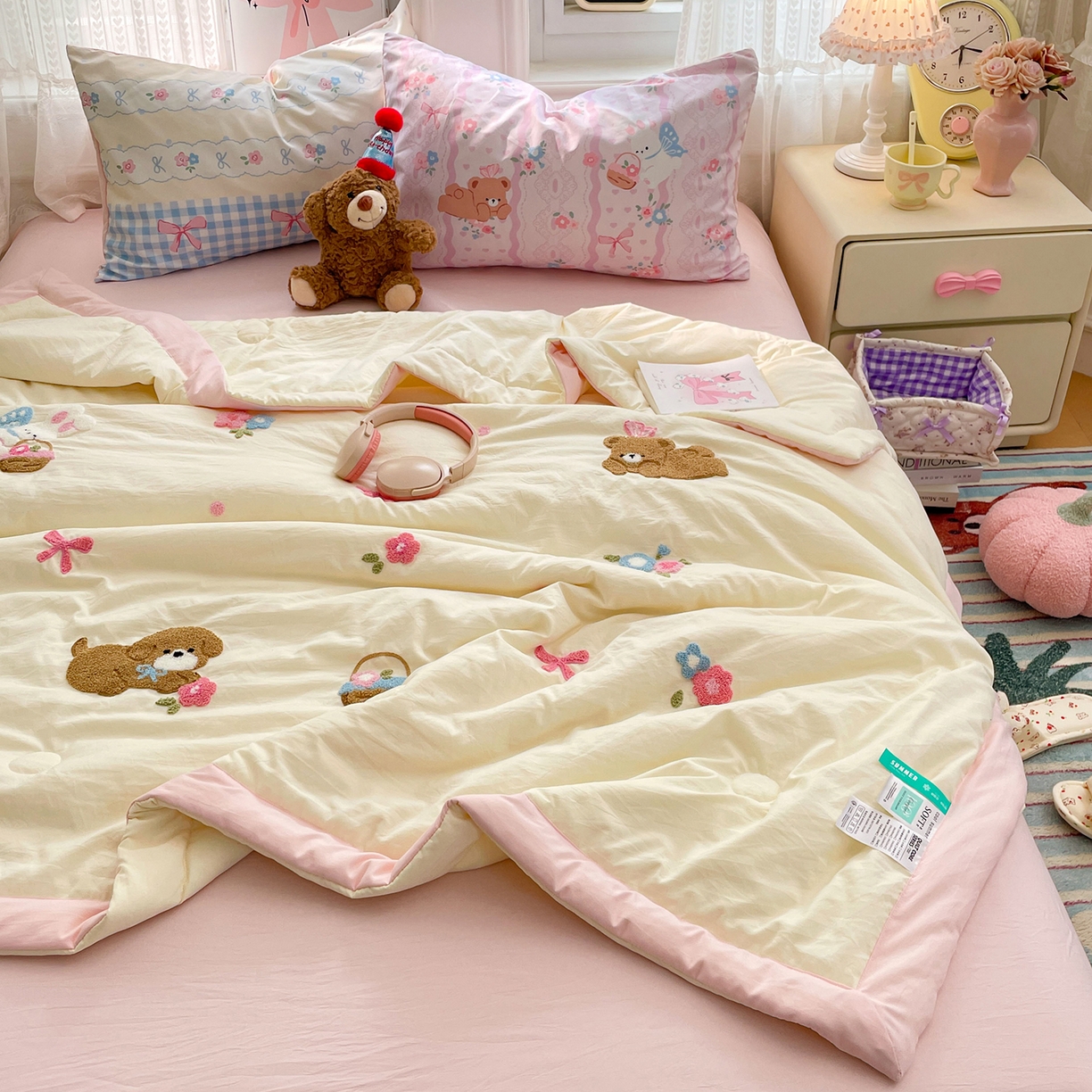 康纳利 2026新款加厚水洗云朵棉大版毛巾绣夏凉被空调被印花卡通夏被四件套 花田萌宠-奶黄