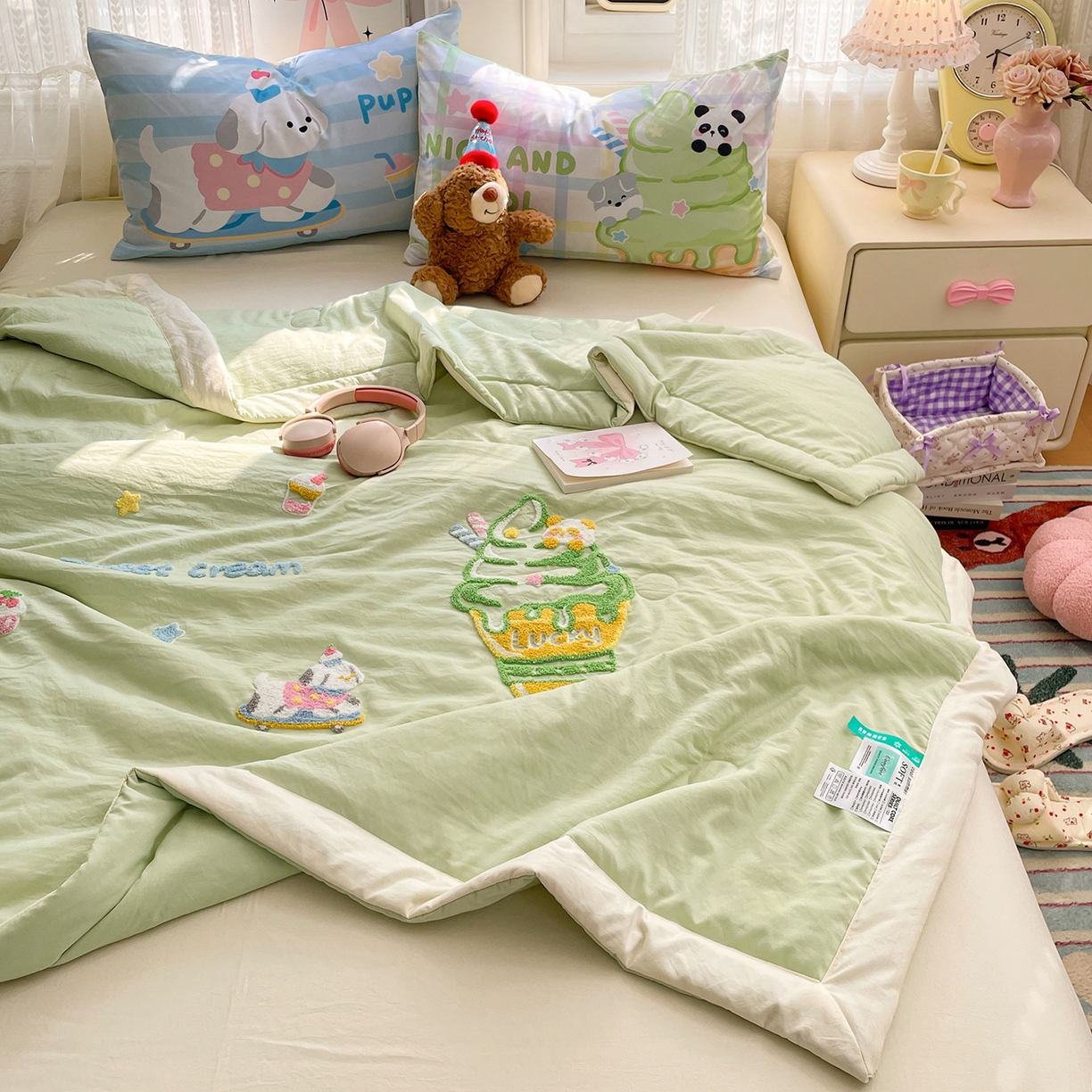 康纳利 2026新款加厚水洗云朵棉大版毛巾绣夏凉被空调被印花卡通夏被四件套 抹茶冰激凌